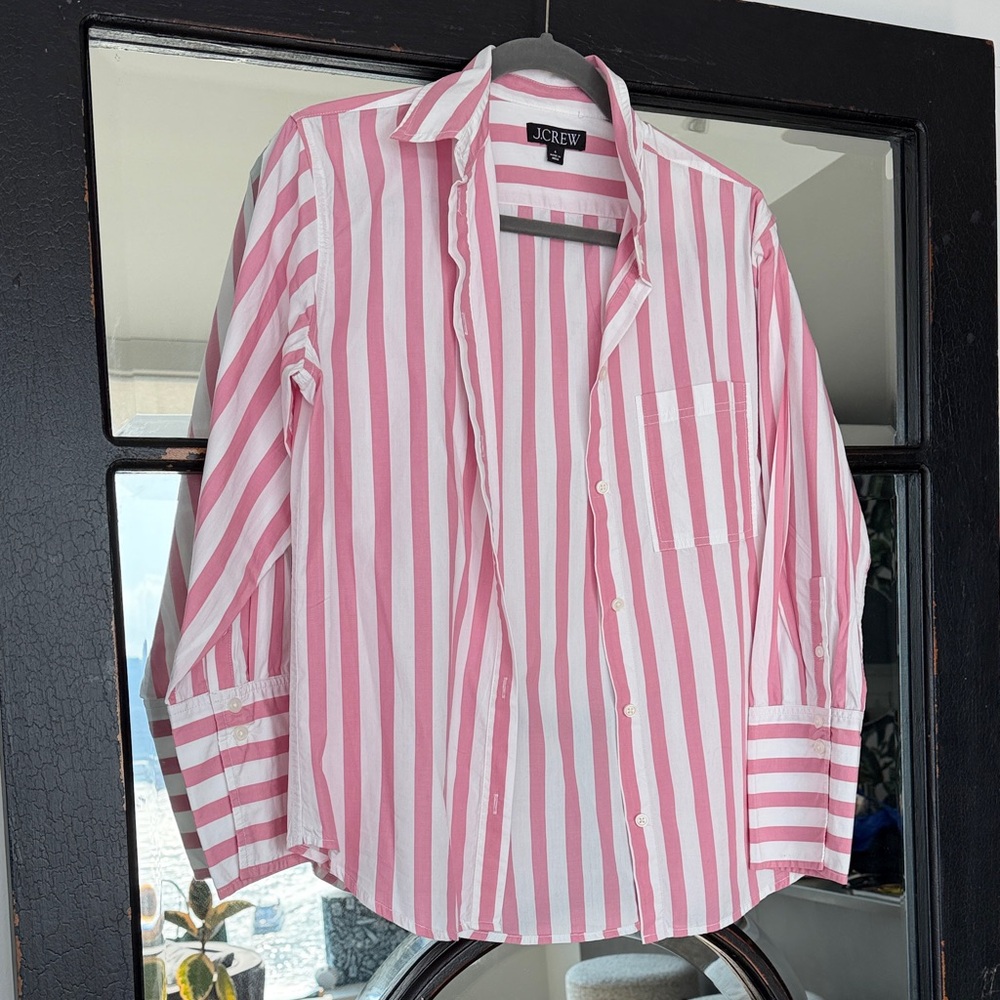 J. Crew Pink and White Striped Cotton Button-Up Shirt